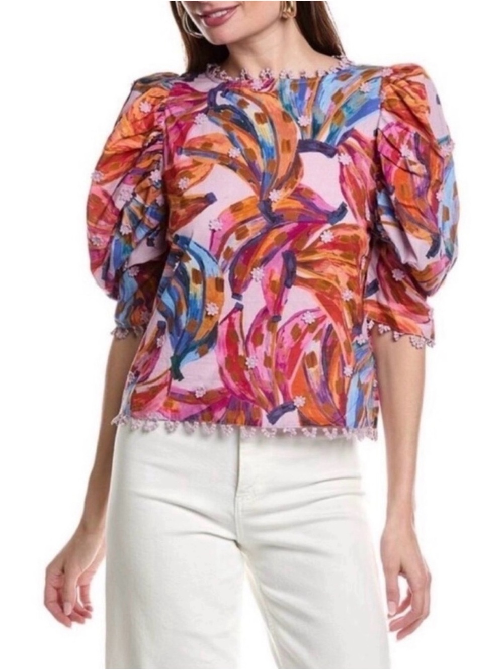 FARM Rio Colores Bananas Puff-Sleeve Blouse Botton back Size Small